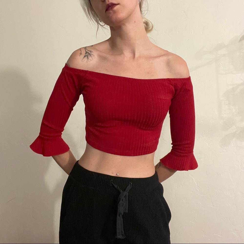 Off the shoulder red top